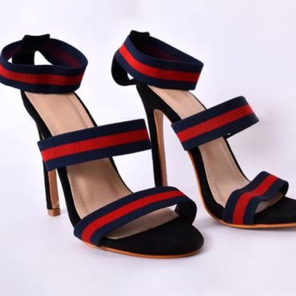 Bella Marie Red and Blue Striped Heels - Picture 1 of 8
